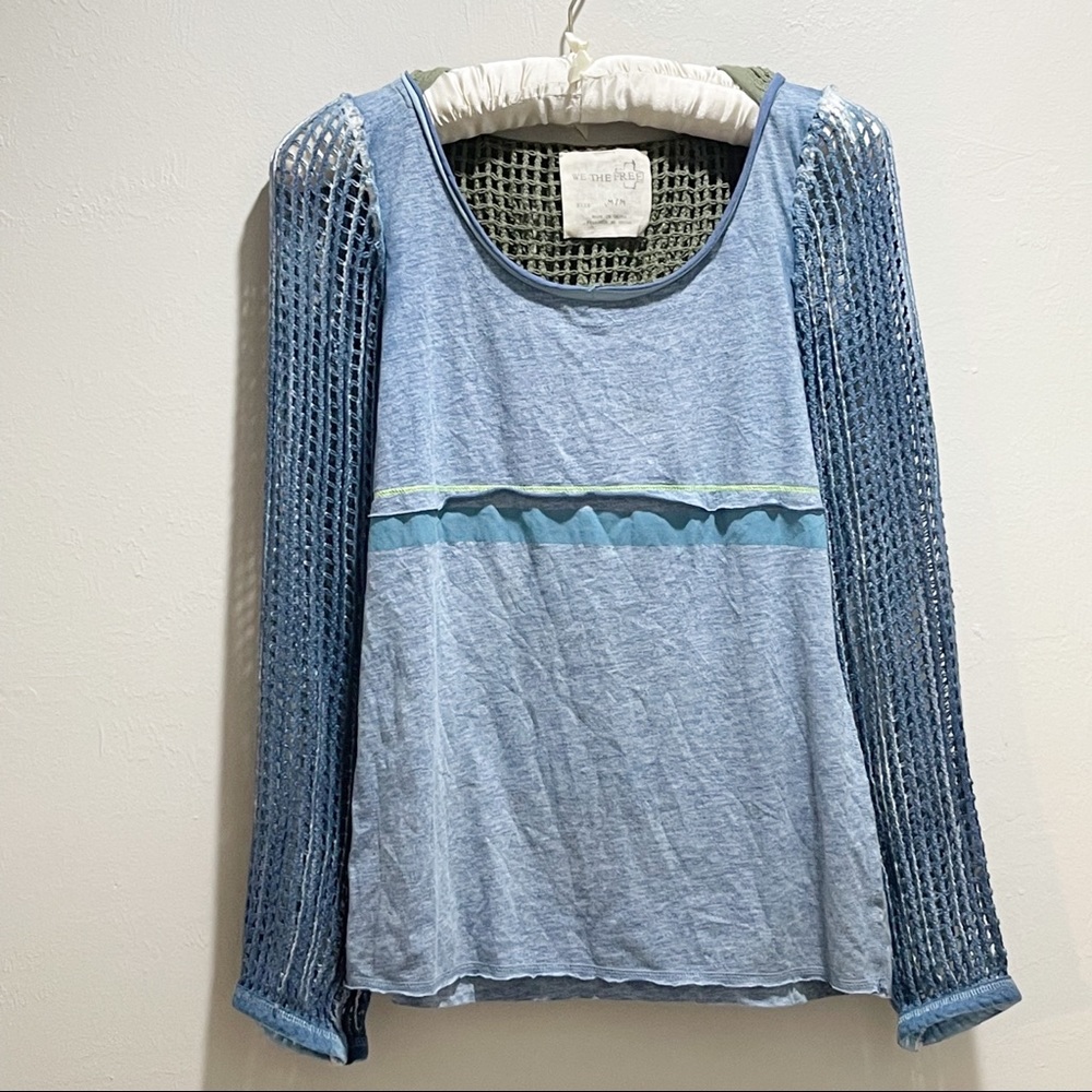 WE THE FREE PEOPLE Women’s Blue Green Stripe Crochet Sleeve Hoodie Top Size M